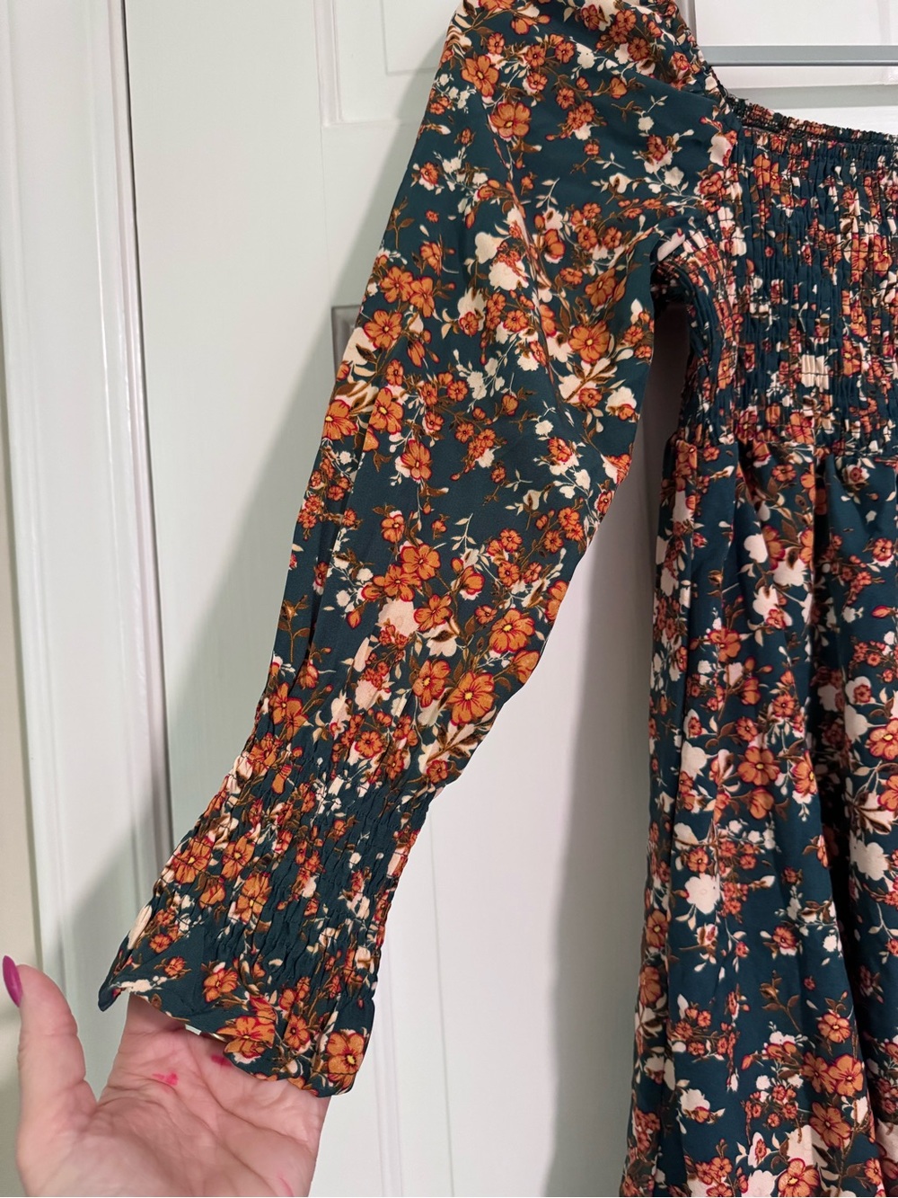 SHEIN Teal Floral Smocked Midi Dress with Rust and Cream Accents - Picture 2 of 5
